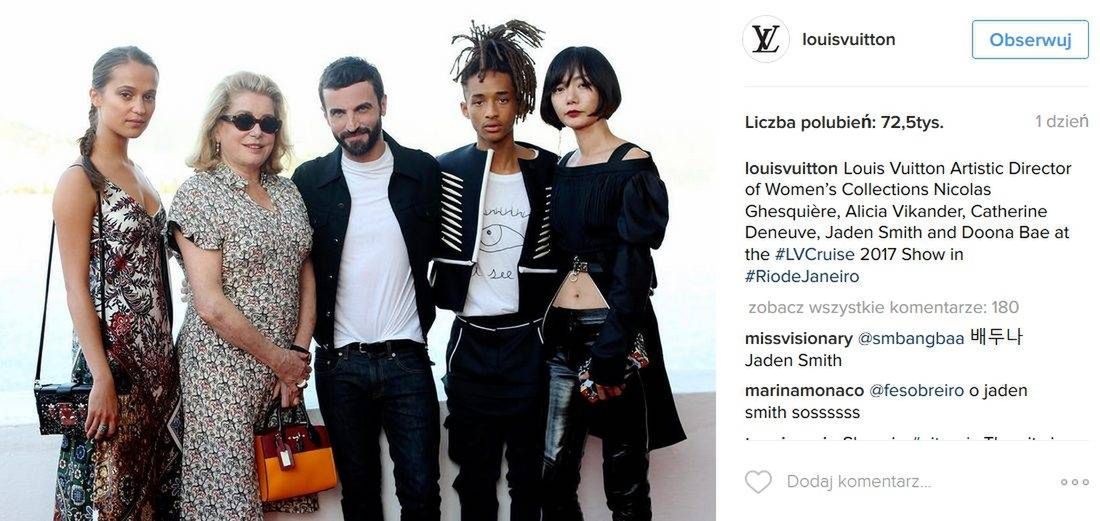 Od lewej: Alicia Vikander, Catherine Deneuve, Nicolas Ghesquièrev (dyrektor kreatywny Louis Vuitton), Jaden Smith i Doona Bae. Pokaz kolekcji ubrań Louis Vuitton Cruise 2017 (fot. Instagram)