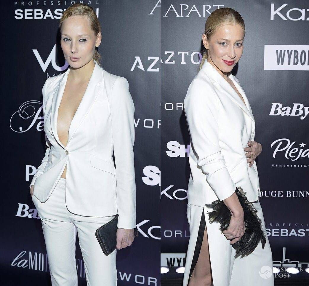 Jagoda Judzińska w białym garniturze Zara, Kasia Warnke w białym garniturze MMC. Pokaz Robert Kupisz jesień-zima 2016/2017 (fot. AKPA)