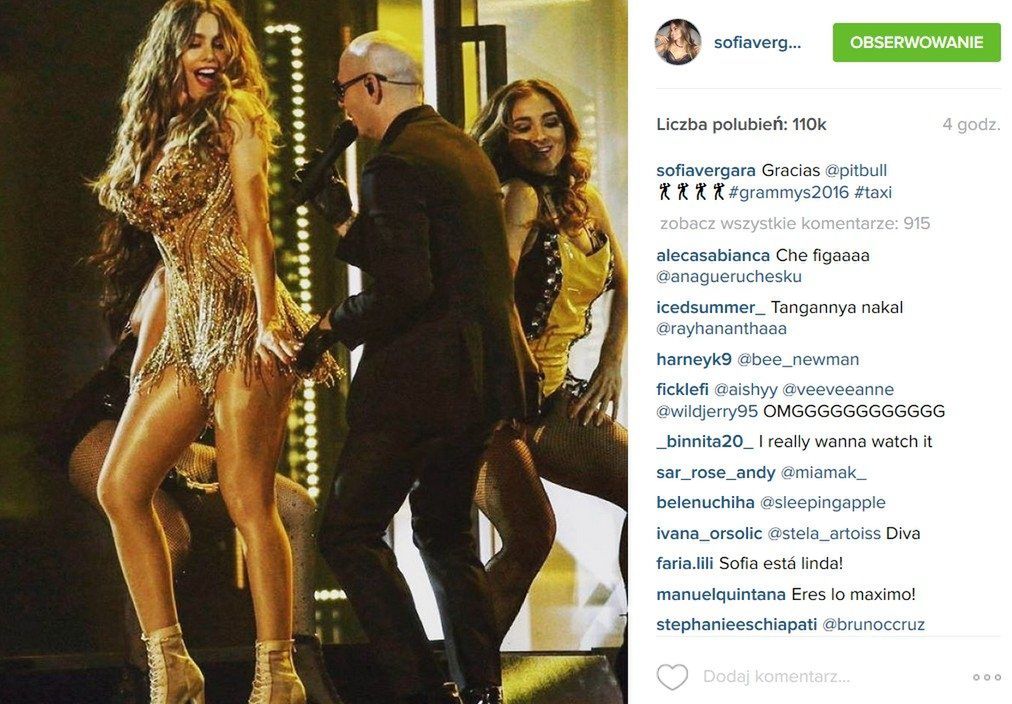 Sofia Vergara (sukienka: Mark Zunino) i Pitbull, Grammy 2016  (fot. Instagram)