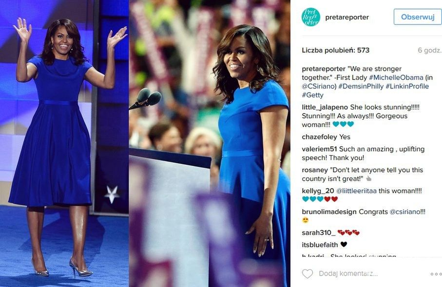 Michelle Obama w sukience Christian Siriano w pierwszym dniu konwencji Demokratów 2016 w Filadelfii