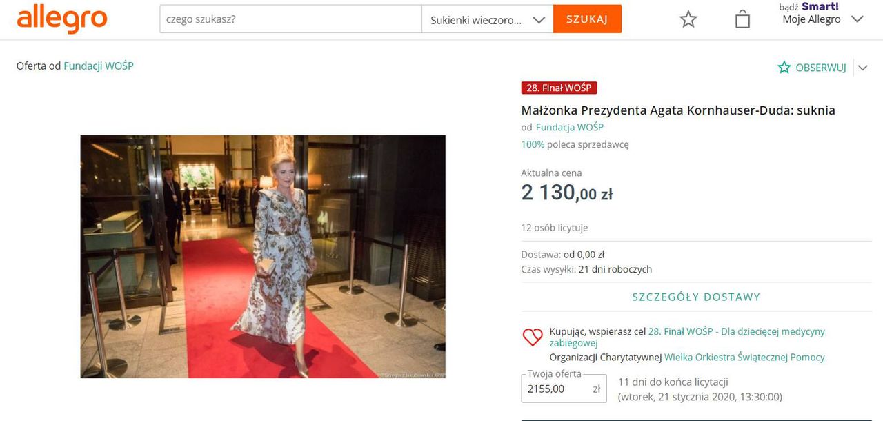 Agata Duda - aktualna cena sukienki, WOŚP 2020