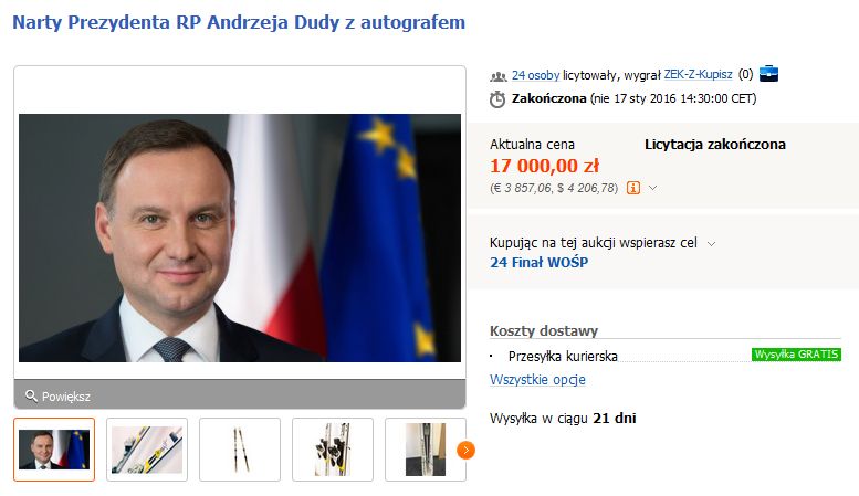 Narty Andrzeja Dudy sprzedane za 17 tysięcy