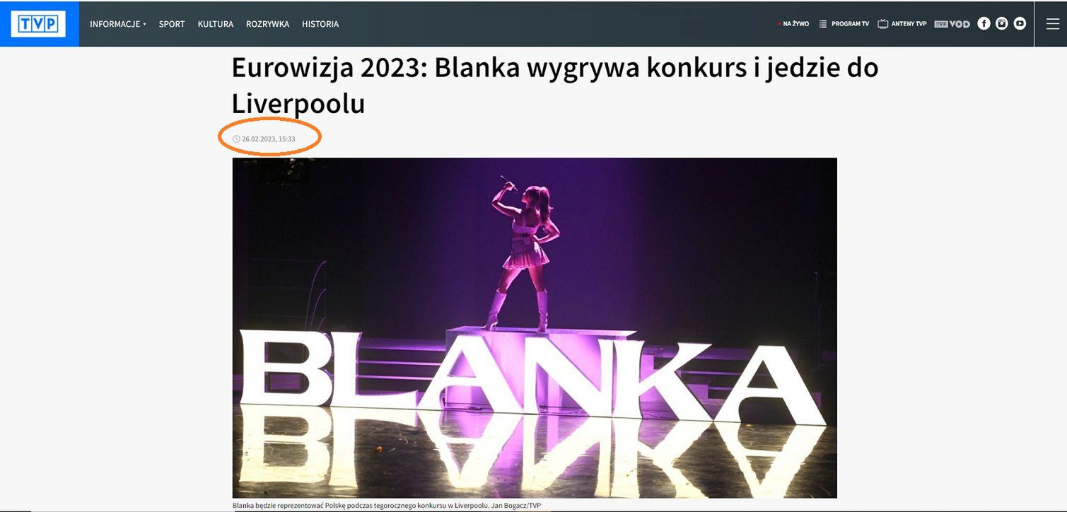 Wyniki preselekcji - godzina publikacji na tronie TVP