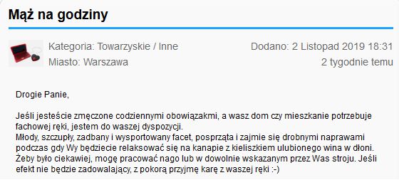 "Mąż na godziny" - coraz częściej mężczyźni tak się ogłaszają, ich propozycje są różne 