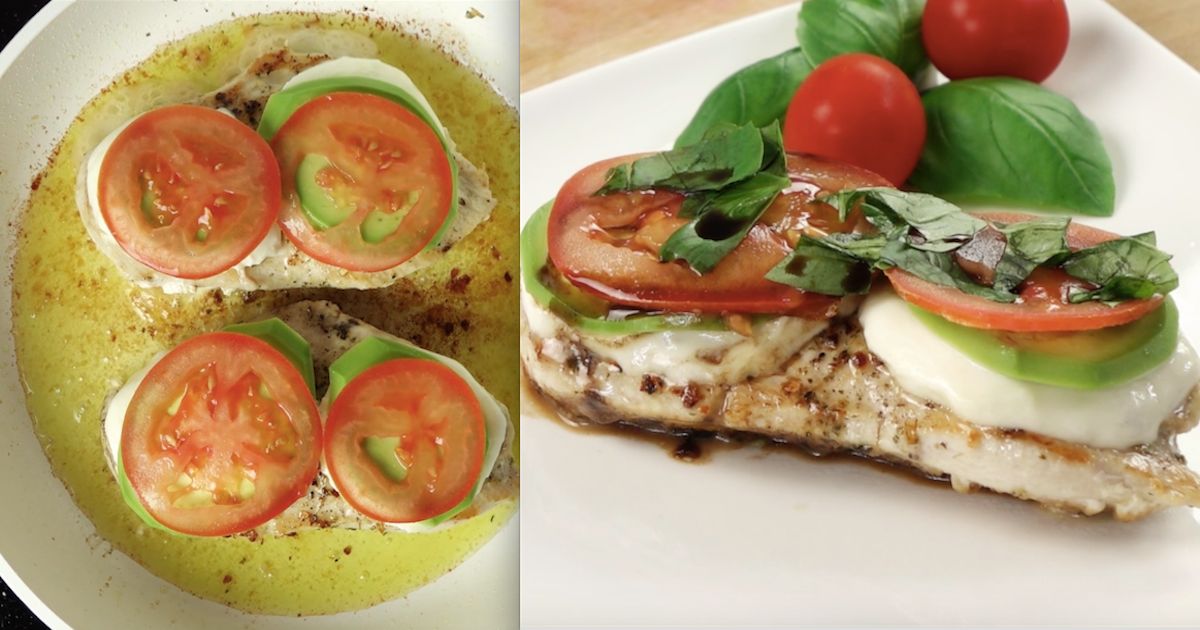 Pyszna pierś z kurczaka z mozzarellą, awokado, pomidorem i świeżą bazylią
