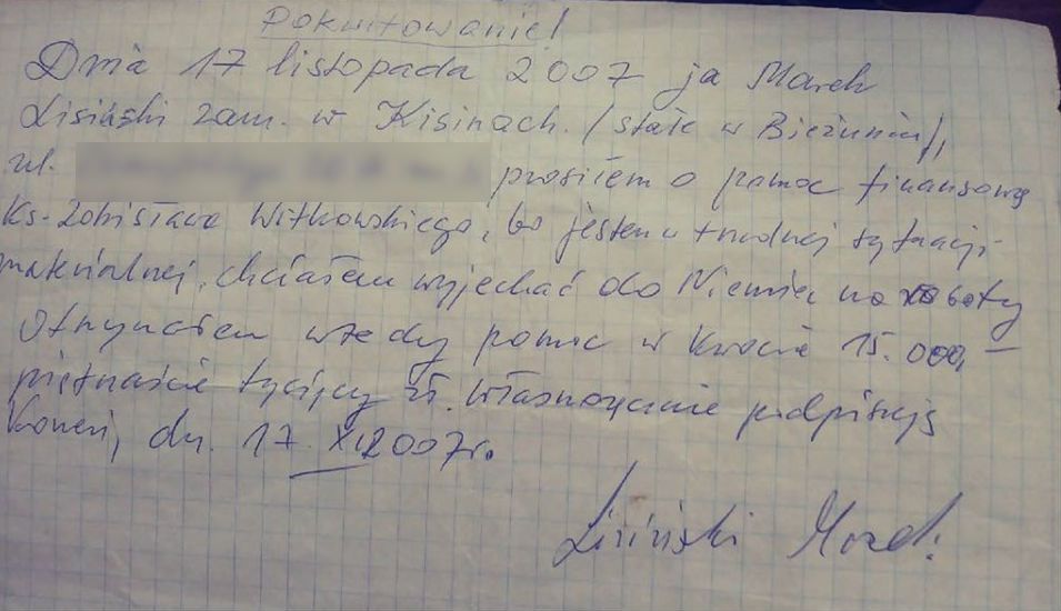 Pokwitowanie pożyczki od księdza Witkowskiego. Lisiński miał jej nie spłacić, a później oskarżyć duchownego o molestowanie 