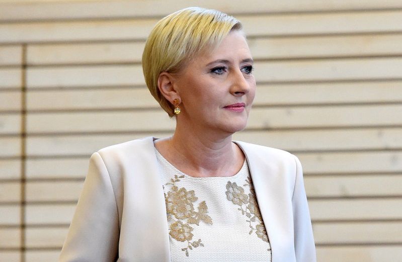 Agata Duda w koronkowej sukience na spotkaniu z parą prezydencką Niemiec