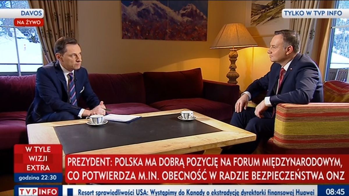 Prezydent Andrzej Duda podczas Światowego Forum Ekonomicznego w Davos w rozmowie z TVP Info