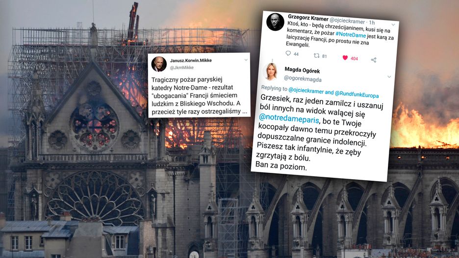 Płonąca katedra Notre Dame i fragmenty dyskusji na polskim Twitterze
