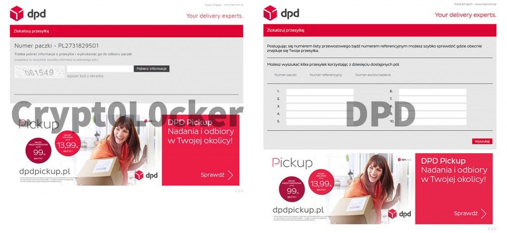 Porównanie oryginalnej strony DPD (po prawej) oraz fałszywej służącej do dystrybucji wirusów szyfrujących dane. 