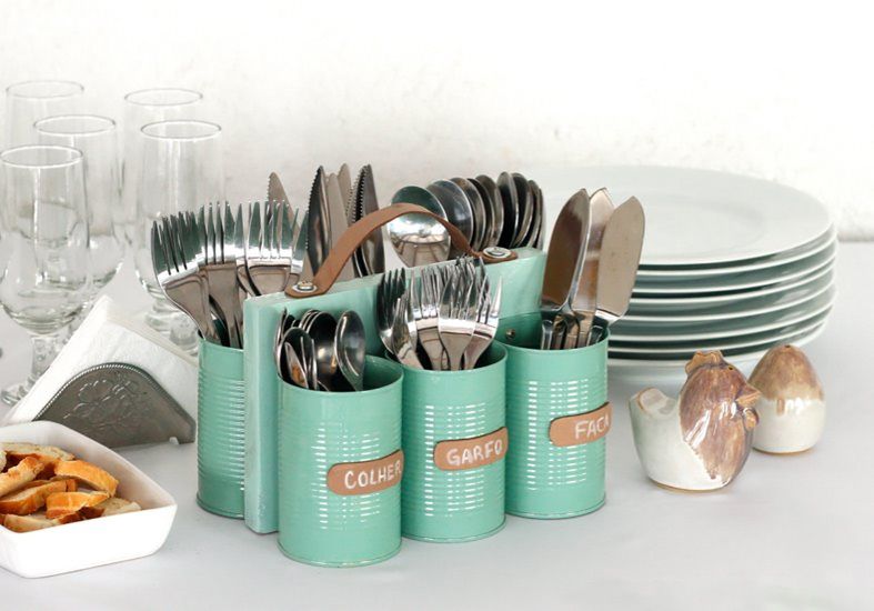 Cans and Wood Cutlery Holder