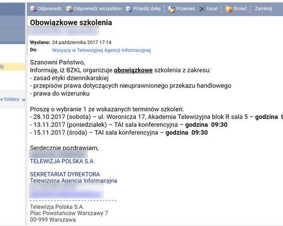 Mail do pracowników TVP Info i TAI. 