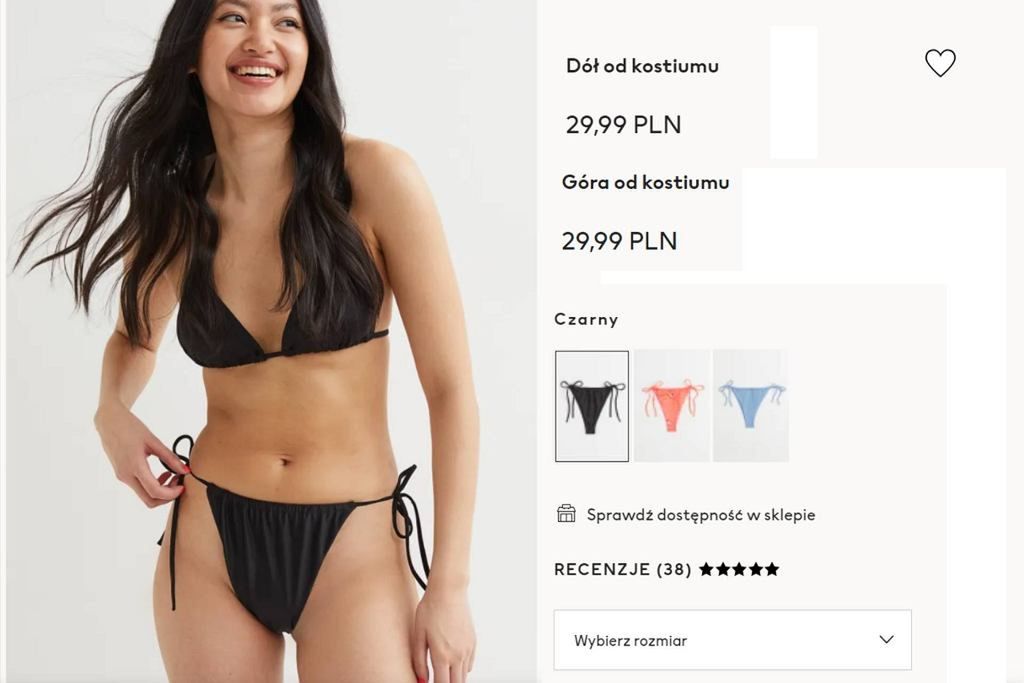 Czarny strój kąpielowy H&M, screen ze sklepu on line