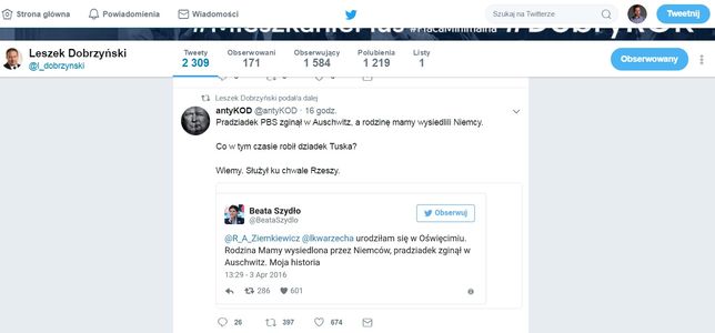 Screen z Twittera posła PiS Leszka Dobrzyńskiego 