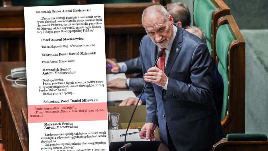 Antoni Macierewicz popełnił błąd w ślubowaniu. Widać to w stenogramie posiedzenia Sejmu.