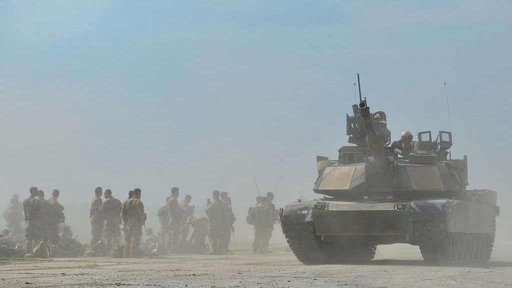 US tanks Abrams and Bradley return to their base after the opening ceremony of the Exercise Noble Partner 16, a Georgian, British and U.S. military training exercise taking place at Vaziani Training Area, Georgia, May 11-26, 2016.Exercise Noble Partner includes approximately 500 Georgian, 150 United Kingdom and 650 U.S. service members who are incorporating a full range of equipment, including U.S. M1A2 Abrams Main Battle Tanks, M2A3 Bradley Infantry Fighting Vehicles, M119 Light Towed Howitzers and several wheeled support vehicles. Alongside U.S. forces, Georgian forces will operate their T-72 Main Battle Tanks, BMP-2 Infantry Combat Vehicles and several wheeled-support vehicles.Wednesday, 11 May 2016, in Vaziani, Georgia. (Photo by Artur Widak/NurPhoto)