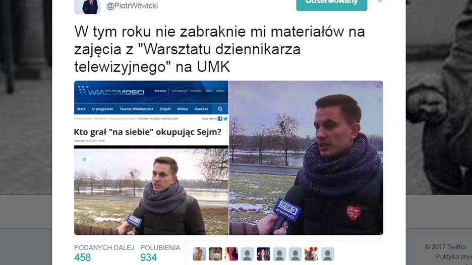 Tweet Piotra Witwickiego pokazujący zamazane serduszko WOŚP w materiale TVP