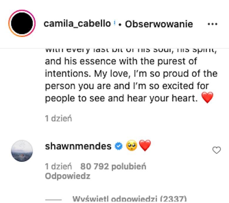 Shawn Mendes komentuje wpis Camili Cabello