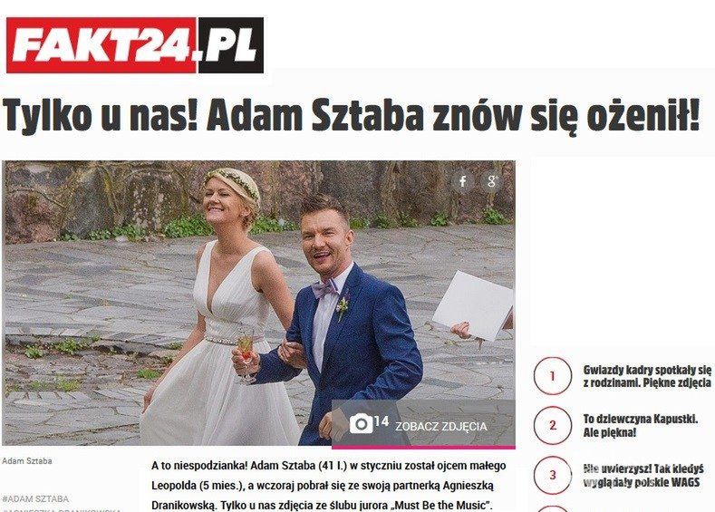 Dziennik "Fakt" poinformował o ślubie Adama Sztaby i Agnieszki Dranikowskiej (fot. screen Fakt.pl)
