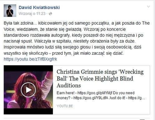 Dawid Kwiatkowski o śmierci Christiny Grimmie