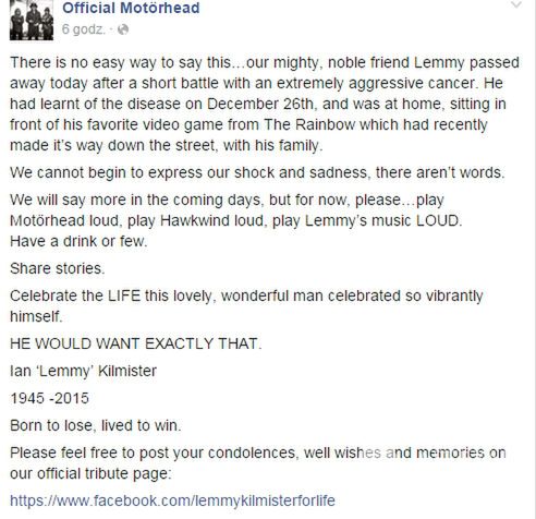 Lemmy Kilmister nie żyje - Facebook Motorhead