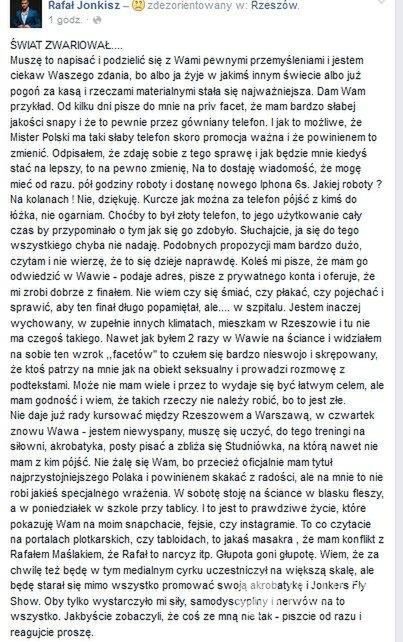 Rafał Jonkisz na swoim Facebooku o niemoralnych propozycjach