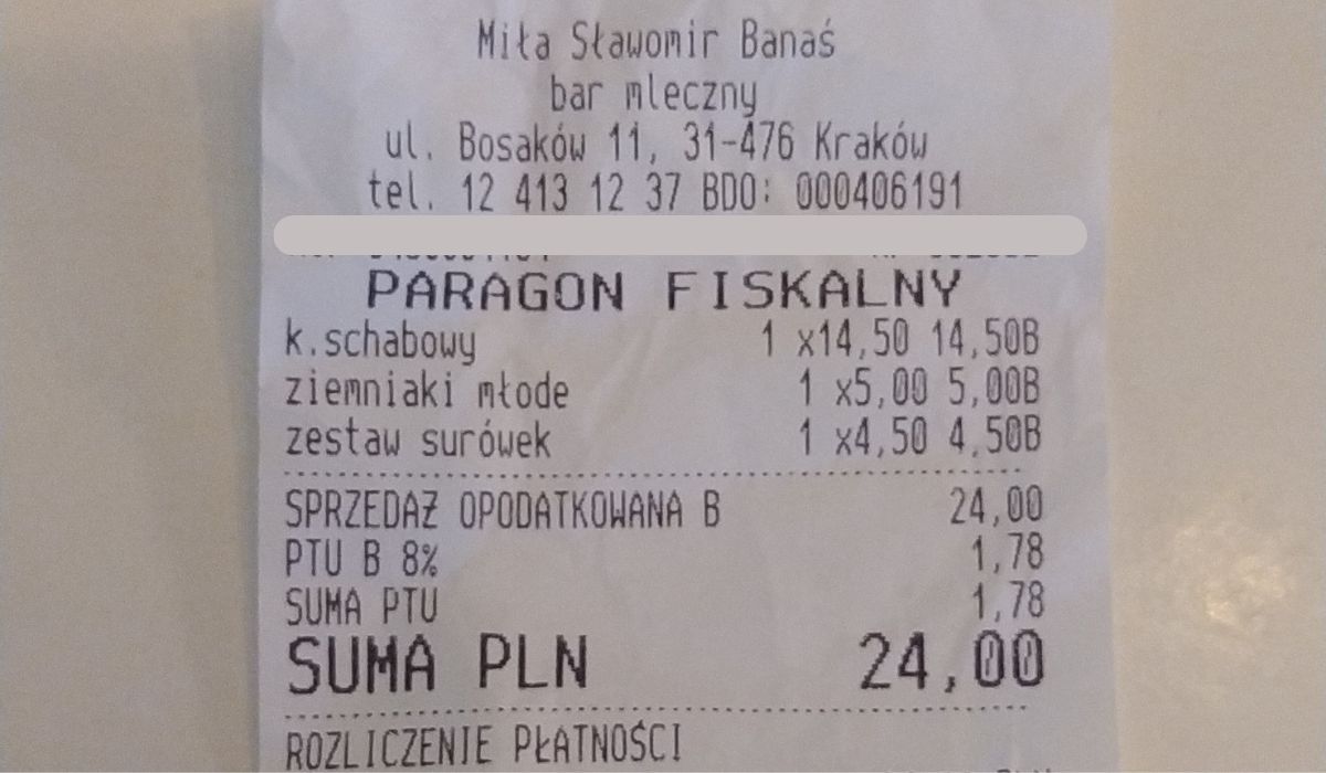 Cena za obiad w barze mlecznym "Miła" w Krakowie - Pyszności; Fot. mat. własne