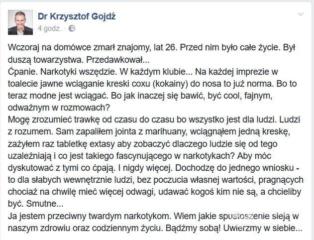 Krzysztof Gojdź o narkotykach