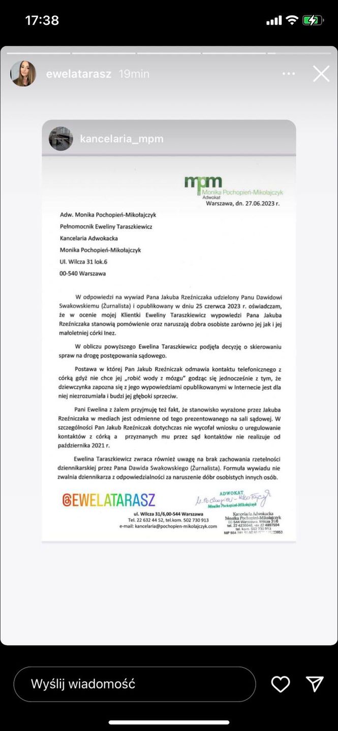 Ewelina Taraszkiewicz pozwała Jakuba Rzeźniczaka