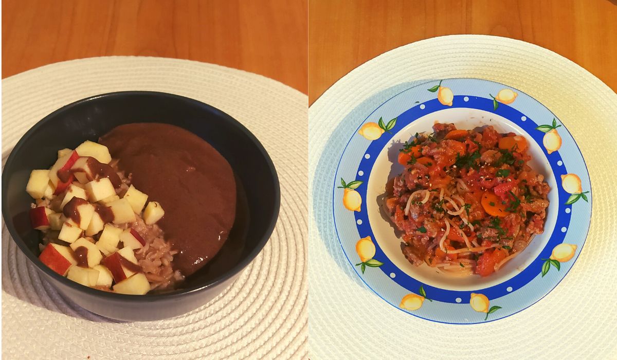 Jabłkowa owsianka z puszystym musem czekoladowym; makron spaghetti z sosem pomidorowym i mięsem - Pyszności; Fot. arch. prywatne