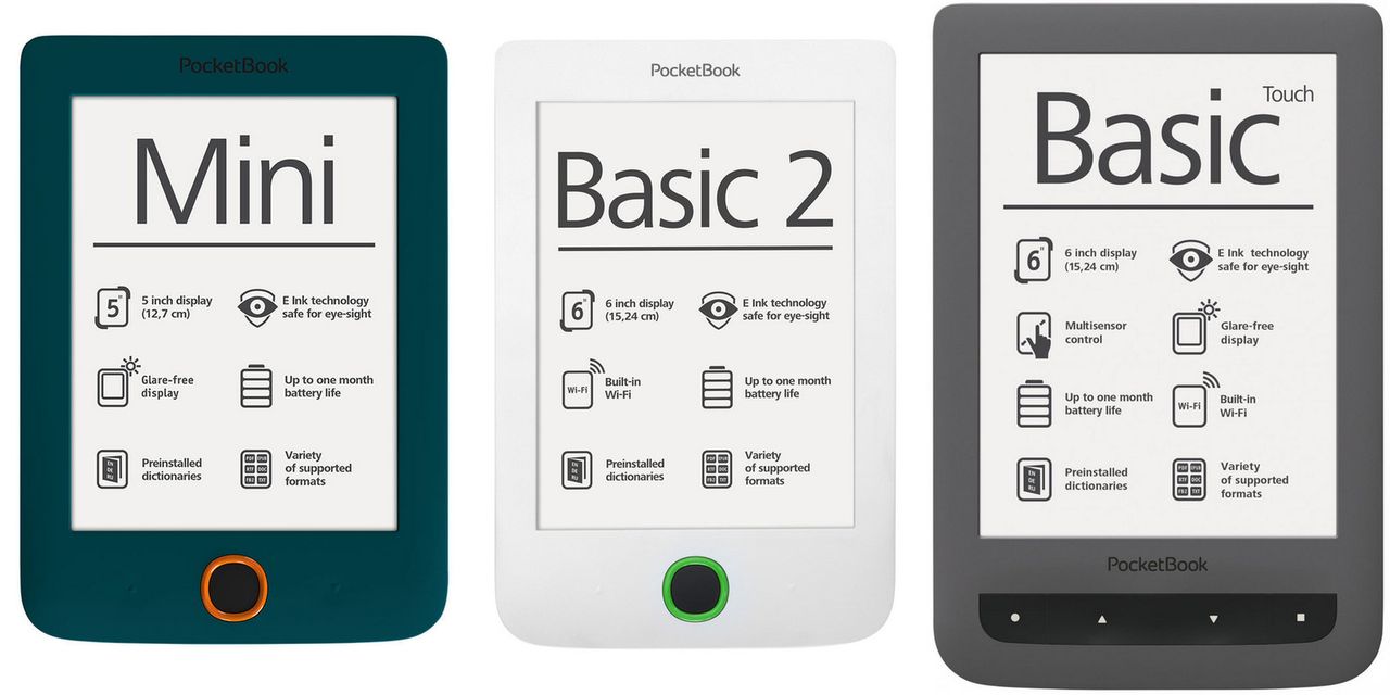 Od lewej PocketBook: Mini, Basic 2, Basic Touch