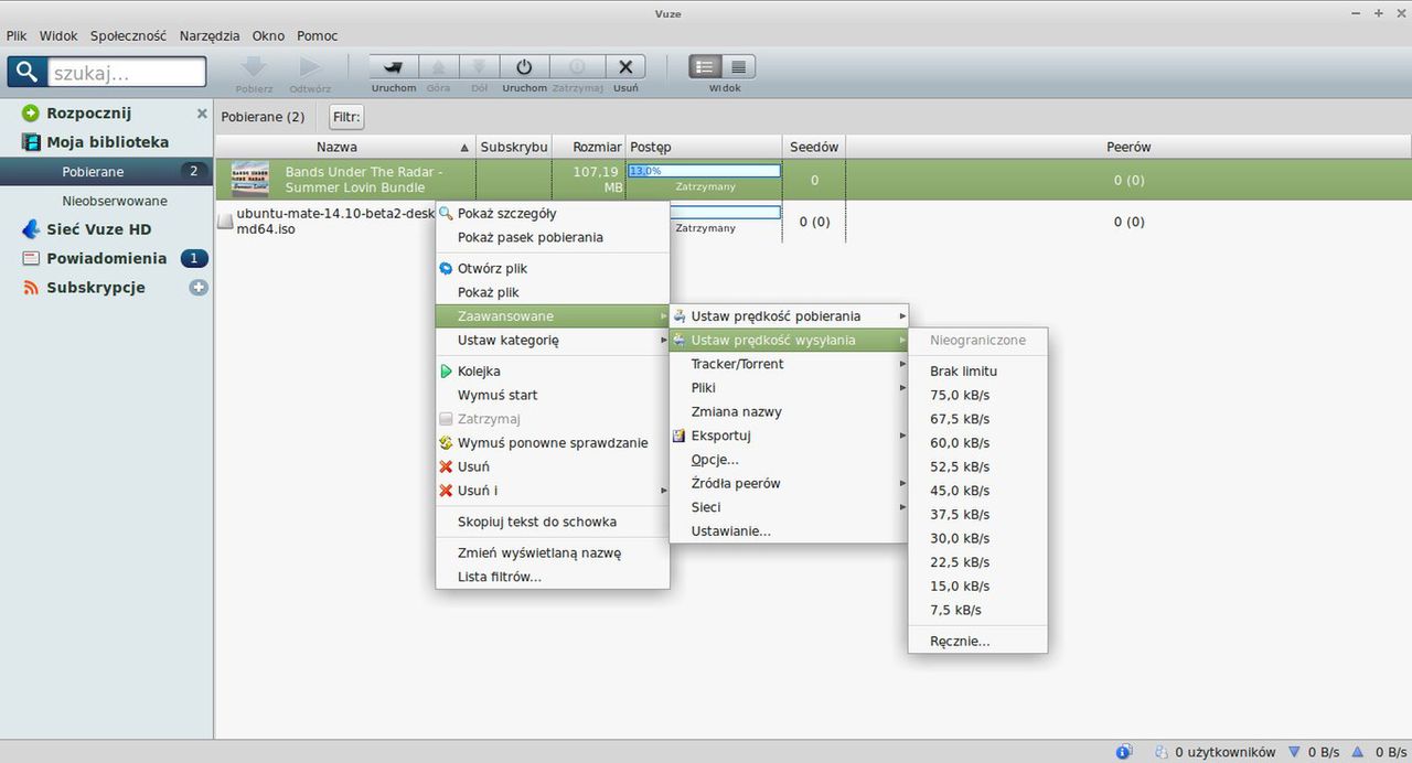 Vuze 4.3.0.6 - okno główne programu wraz z ustawieniami limitów prędkości w menu kontekstowym