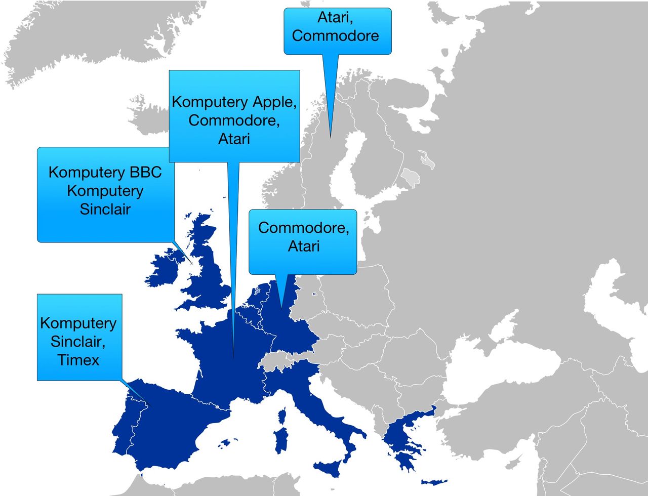 Mapa powstała na postawie moich wspomnień, jakie komputery się przywoziło z różnych krajów. Być może nie do końca odzwierciedla ona ówczesny podział rynków.
