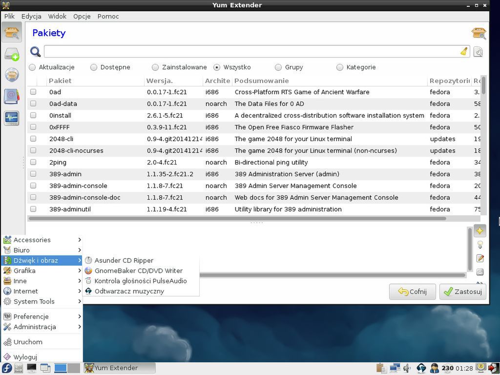 Fedora LXDE - menedżer pakietów Yum Extender
