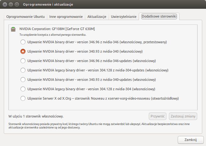 Tutaj możemy wybrać własnościowy (zamknięty) sterownik karty graficznej