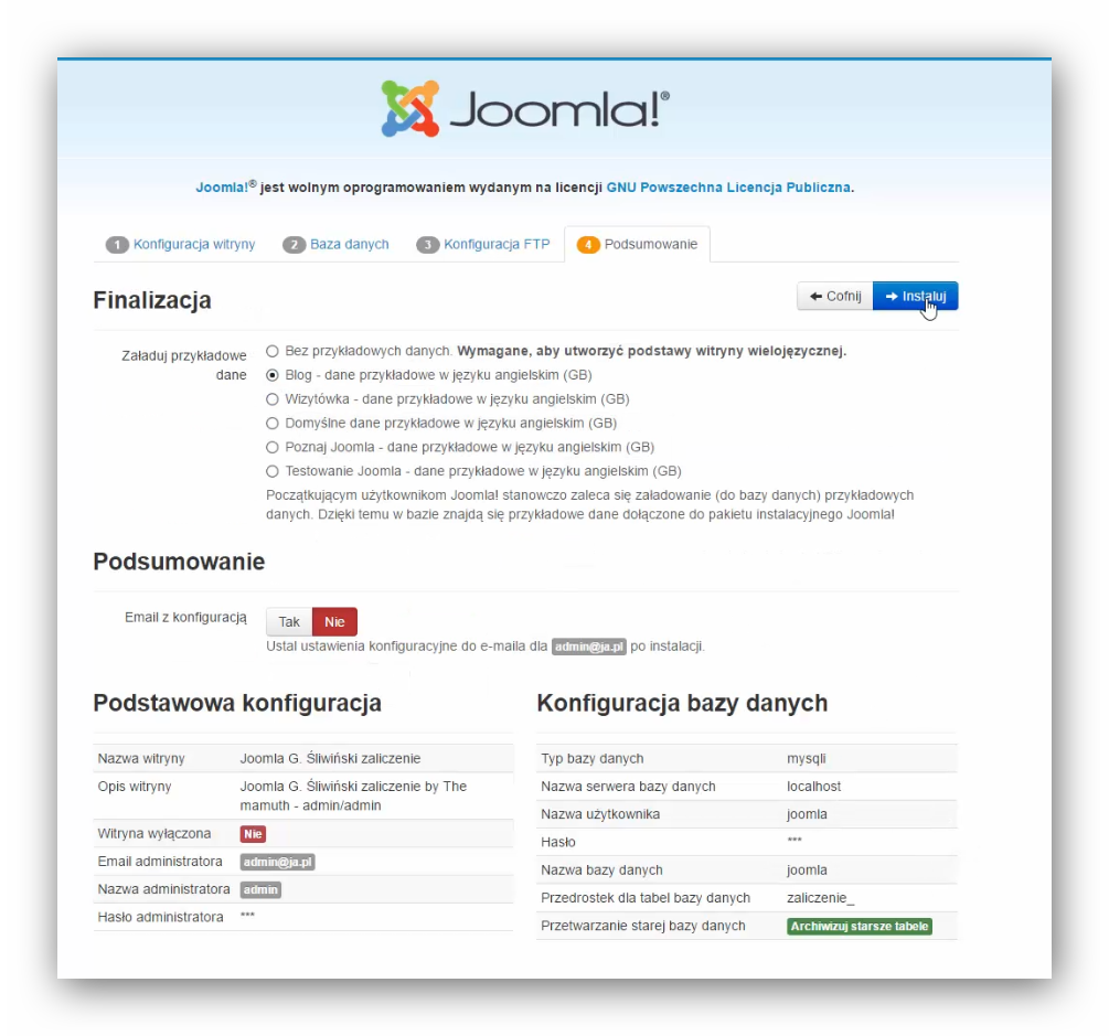 Podsumowanie instalacji oraz import przykładowych danych