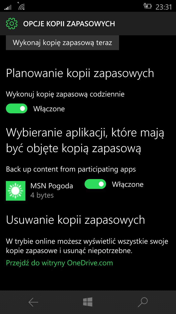 Można wybrać poszczególne aplikacje, które będą wchodzić w skład kopii zapasowej