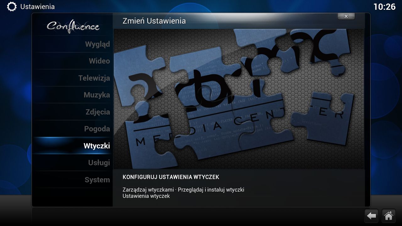 Menu Ustawienia to tutaj pobieramy i wgrywamy nowe wtyczki. Warto zauważyć, że XBMC jest bardzo dobrze spolszczony.. znowu plus:)