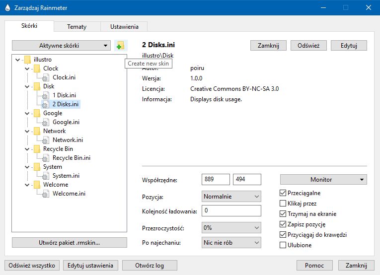 Dodawanie nowego komponentu wywołamy niewielką ikoną przy liście aktywnych skórek