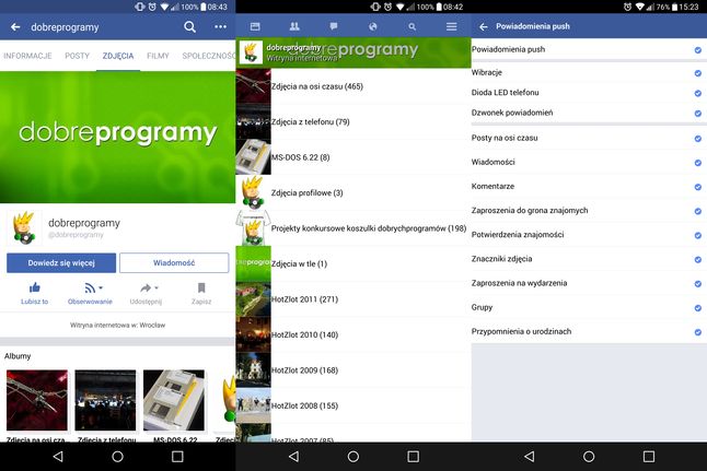 Od lewej: pełna wersja mobilnego Facebooka, następnie ten sam widok w Facebooku Lite, na końcu ustawienia powiadomień w lekkiej wersji aplikacji