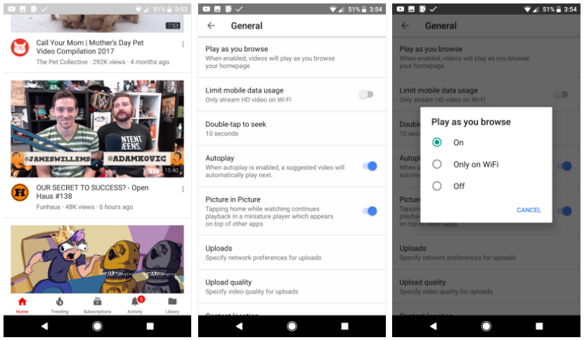 Ustawienia autoodtwarzania w mobilnym YouTubie, źródło: Android Central
