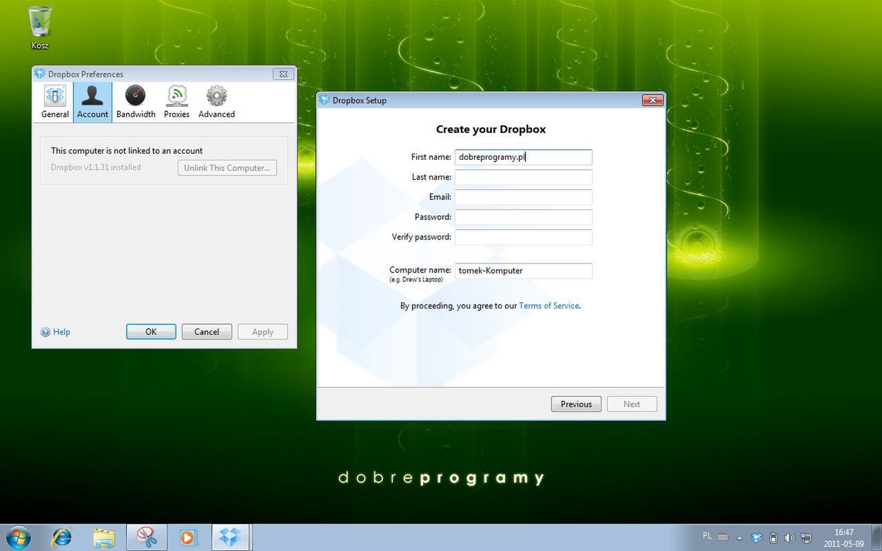 Dropbox - tworzenie konta
