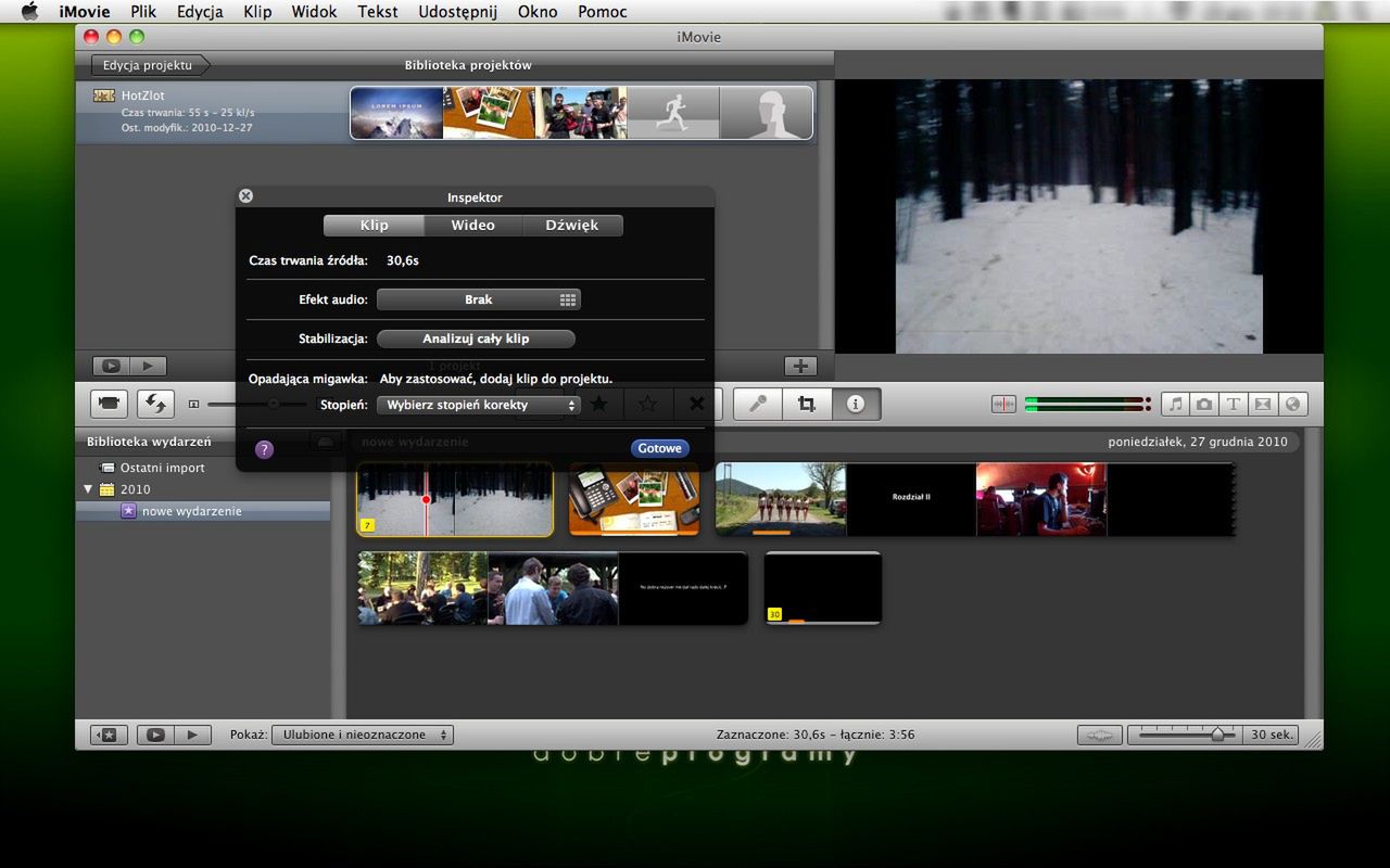 Inspektor - edycja ustawień klipu