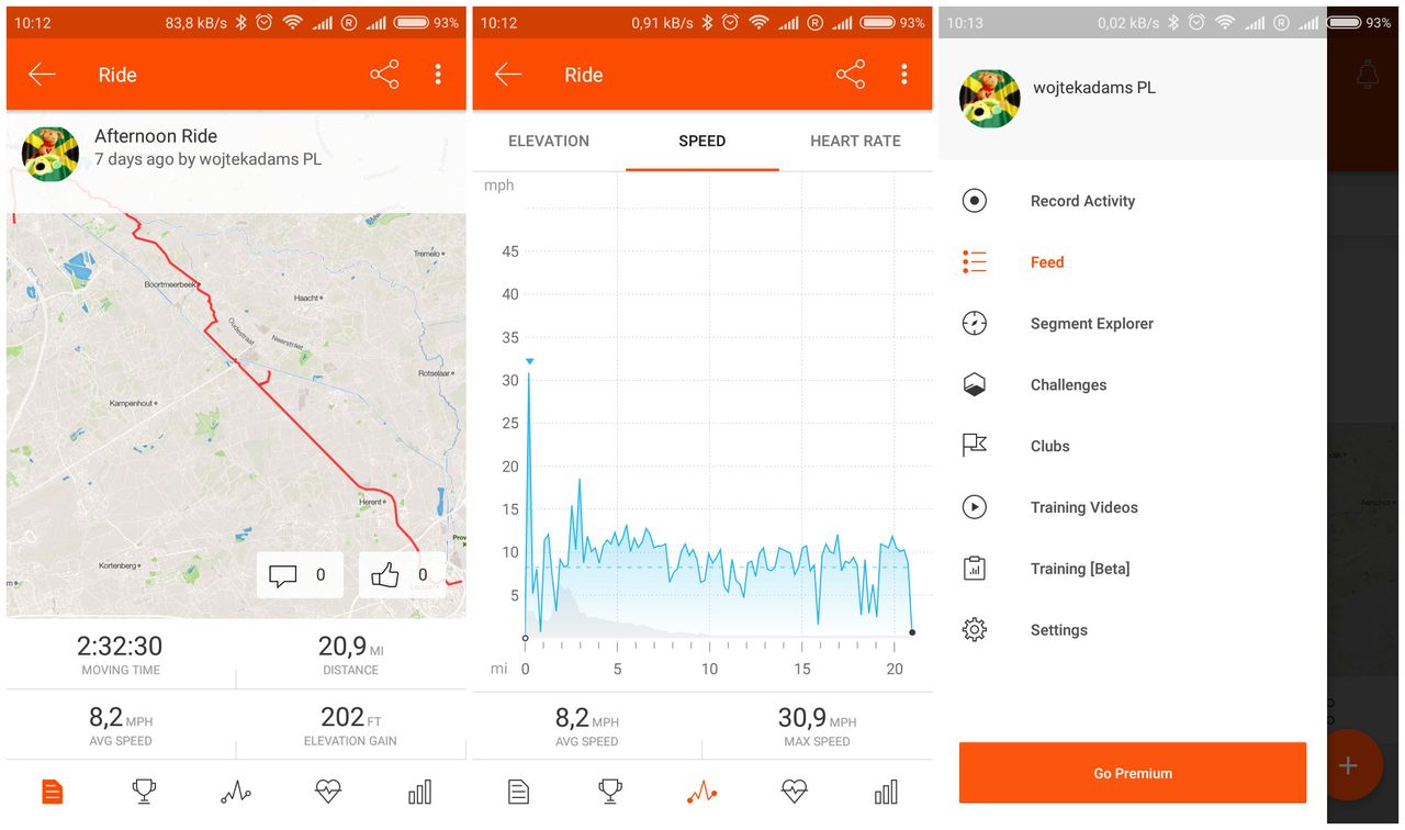 Zrzuty ekranów z aplikacji Strava