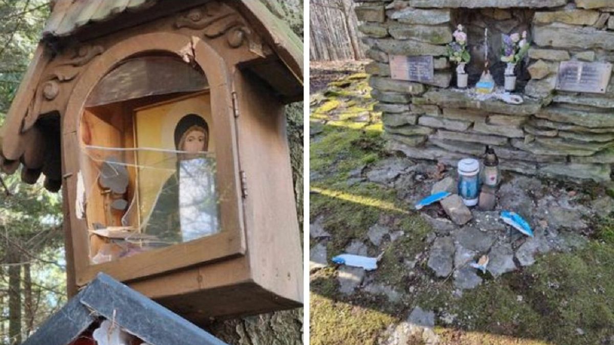 Zdjęcia kapliczek uszkodzonych przez nieznanych sprawców w okolicach Żywca.