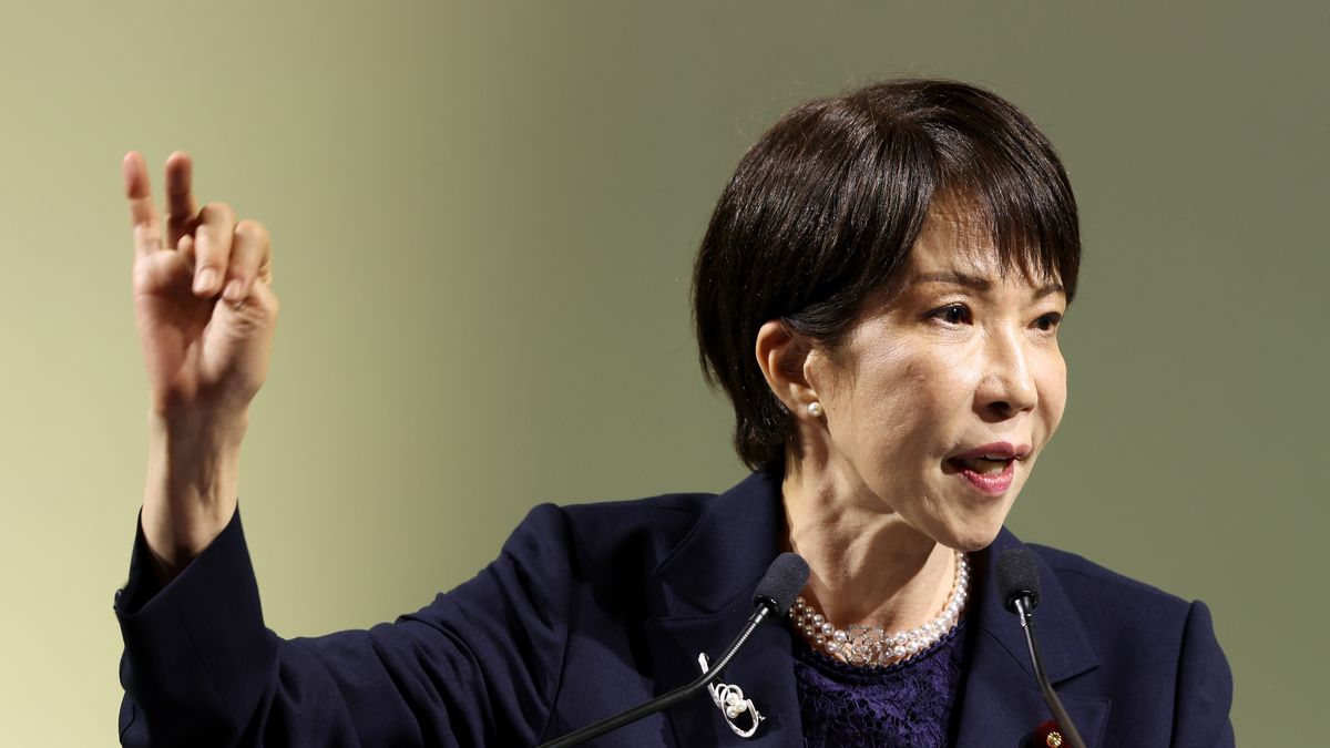 Sanae Takaichi, Japan's prime minister and president of the Liberal Democratic Party (LDP), speaks during the party's annual convention in Tokyo, Japan, on Sunday, April 12, 2026. Takaichi called for a lasting peace agreement during talks with Iranian President Masoud Pezeshkian after Washington and Tehran agreed a two-week ceasefire just before a US deadline. Photographer: Kiyoshi Ota/Bloomberg via Getty Images