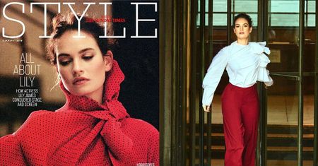 Ciemnowłosa Lily James przymyka oczy na nowej okładce