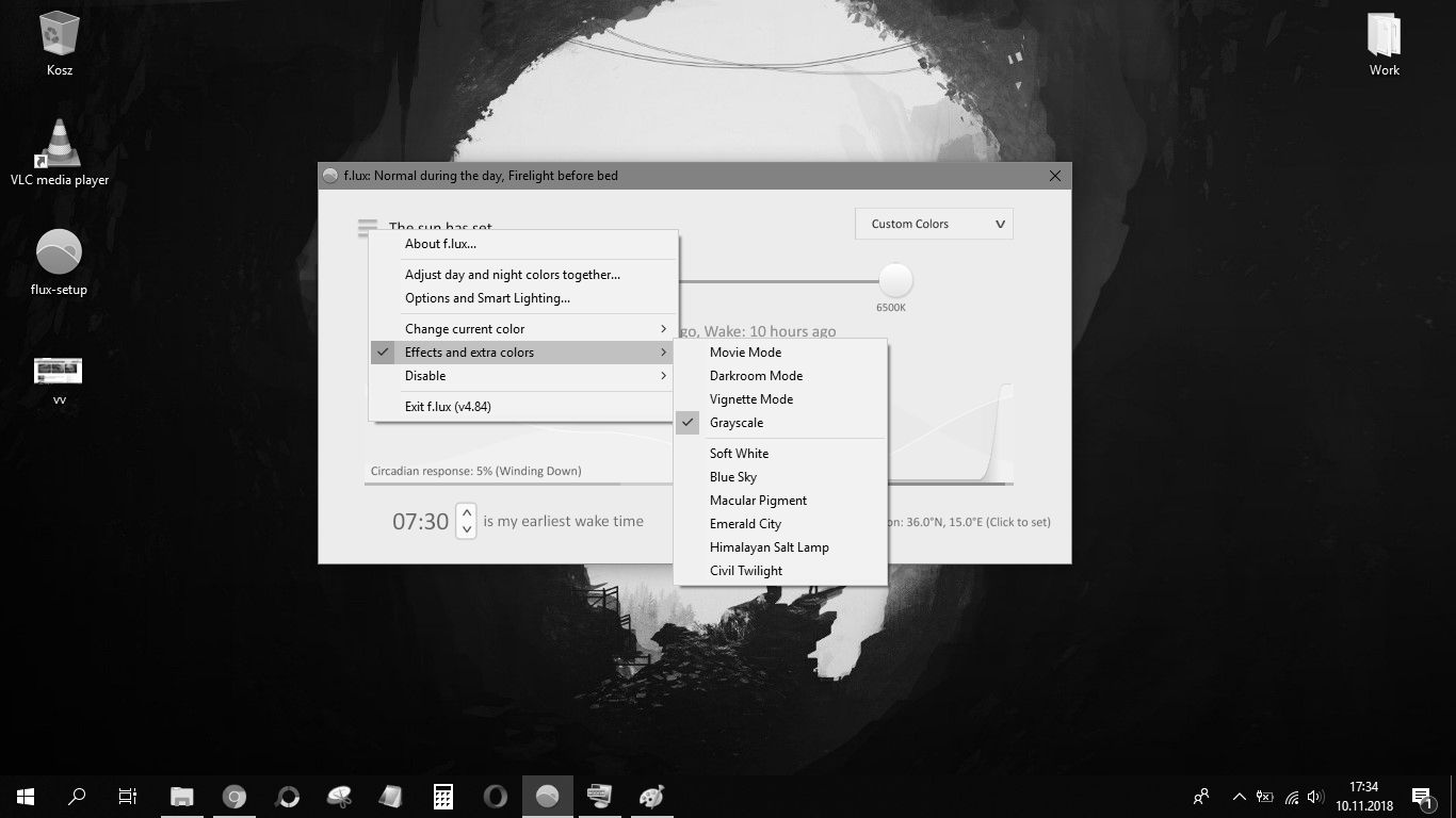 widok ustawień programu F.lux