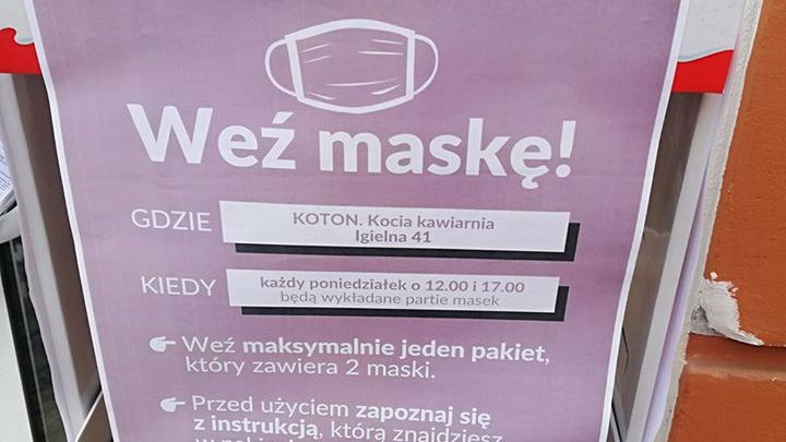 Przed wrocławską kawiarnią KOTON i w pięciu innych miejscach będzie można pobrać maseczki