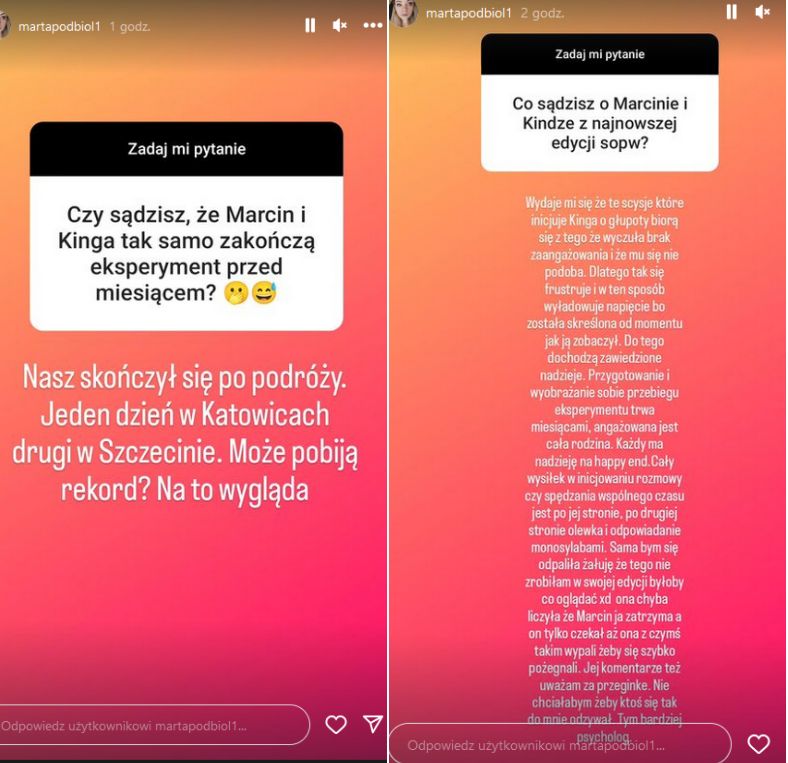 Marta skomentowała na Instastories relację Kingi i Marcina 